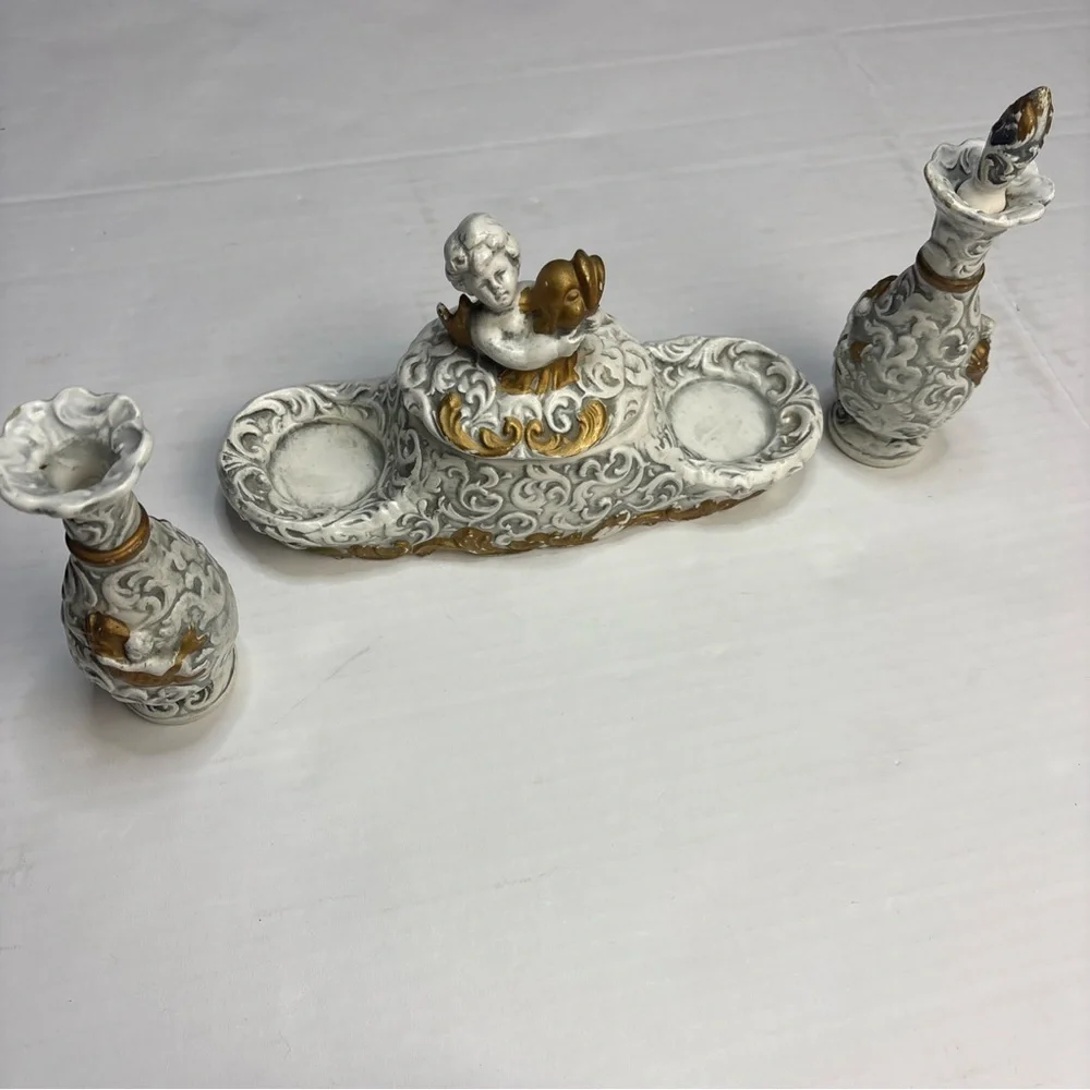 Vintage Acson Japan Cherub Vanity Bathroom Set Ceramic Mid-Century Gold Accents
